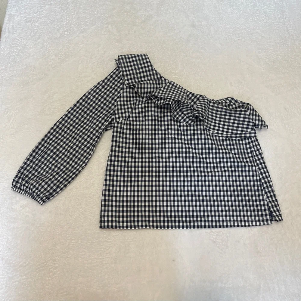 NWT J. Crew Black White Gingham One Shoulder Ruffle‎ Blouse CottageTomato Girl